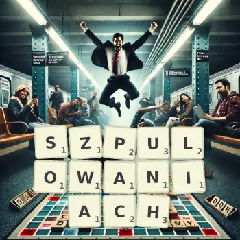 Kreatywna ilustracja do gry w Scrabble ze słowem SZPULOWANIACH ułożonym z płytek na planszy.