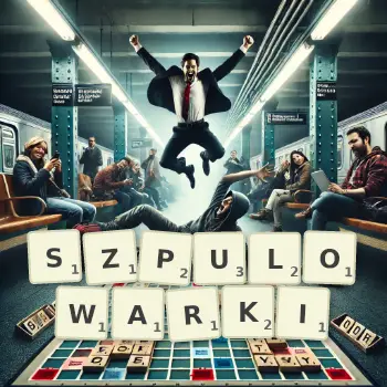 Kreatywna ilustracja do gry w Scrabble ze słowem SZPULOWARKI ułożonym z płytek na planszy.