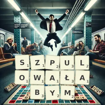 Kreatywna ilustracja do gry w Scrabble ze słowem SZPULOWAŁABYM ułożonym z płytek na planszy.