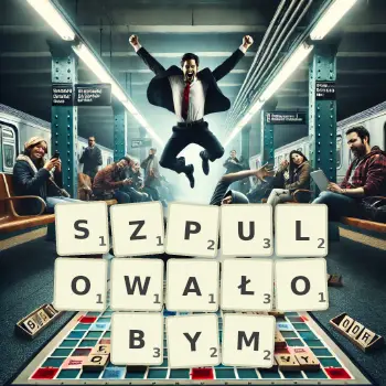 Kreatywna ilustracja do gry w Scrabble ze słowem SZPULOWAŁOBYM ułożonym z płytek na planszy.