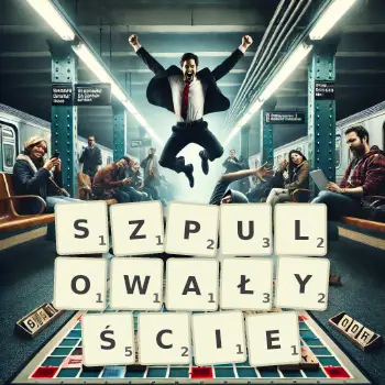 Kreatywna ilustracja do gry w Scrabble ze słowem SZPULOWAŁYŚCIE ułożonym z płytek na planszy.