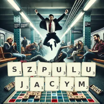 Kreatywna ilustracja do gry w Scrabble ze słowem SZPULUJACYM ułożonym z płytek na planszy.