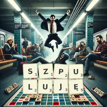 Kreatywna ilustracja do gry w Scrabble ze słowem SZPULUJĘ ułożonym z płytek na planszy.