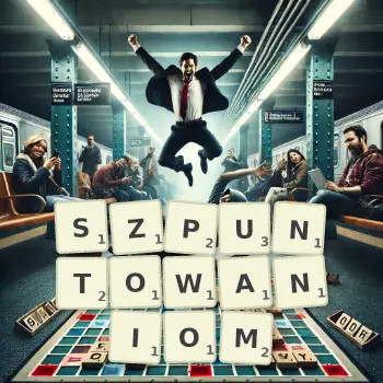 Kreatywna ilustracja do gry w Scrabble ze słowem SZPUNTOWANIOM ułożonym z płytek na planszy.