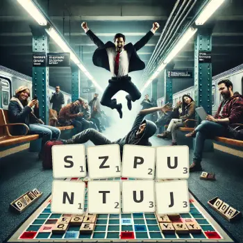 Kreatywna ilustracja do gry w Scrabble ze słowem SZPUNTUJ ułożonym z płytek na planszy.