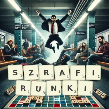 Kreatywna ilustracja do gry w Scrabble ze słowem SZRAFIRUNKI ułożonym z płytek na planszy.