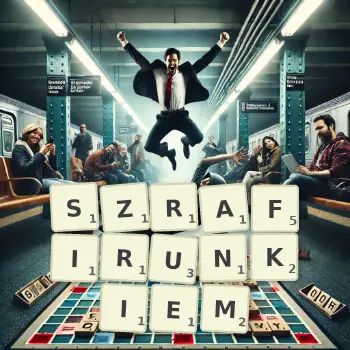 Kreatywna ilustracja do gry w Scrabble ze słowem SZRAFIRUNKIEM ułożonym z płytek na planszy.