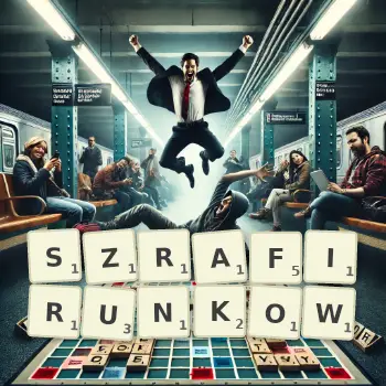 Kreatywna ilustracja do gry w Scrabble ze słowem SZRAFIRUNKOW ułożonym z płytek na planszy.