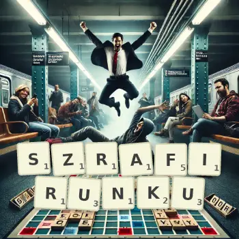Kreatywna ilustracja do gry w Scrabble ze słowem SZRAFIRUNKU ułożonym z płytek na planszy.