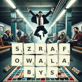 Kreatywna ilustracja do gry w Scrabble ze słowem SZRAFOWALABYS ułożonym z płytek na planszy.