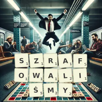 Kreatywna ilustracja do gry w Scrabble ze słowem SZRAFOWALIŚMY ułożonym z płytek na planszy.