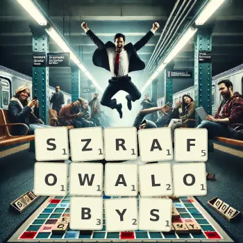 Kreatywna ilustracja do gry w Scrabble ze słowem SZRAFOWALOBYS ułożonym z płytek na planszy.