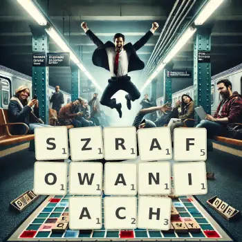 Kreatywna ilustracja do gry w Scrabble ze słowem SZRAFOWANIACH ułożonym z płytek na planszy.