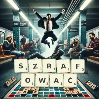 Kreatywna ilustracja do gry w Scrabble ze słowem SZRAFOWAĆ ułożonym z płytek na planszy.