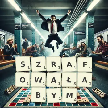 Kreatywna ilustracja do gry w Scrabble ze słowem SZRAFOWAŁABYM ułożonym z płytek na planszy.