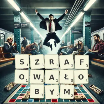 Kreatywna ilustracja do gry w Scrabble ze słowem SZRAFOWAŁOBYM ułożonym z płytek na planszy.