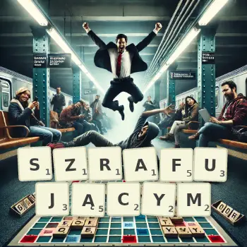 Kreatywna ilustracja do gry w Scrabble ze słowem SZRAFUJĄCYM ułożonym z płytek na planszy.