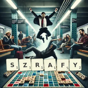Kreatywna ilustracja do gry w Scrabble ze słowem SZRAFY ułożonym z płytek na planszy.