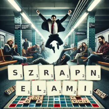 Kreatywna ilustracja do gry w Scrabble ze słowem SZRAPNELAMI ułożonym z płytek na planszy.