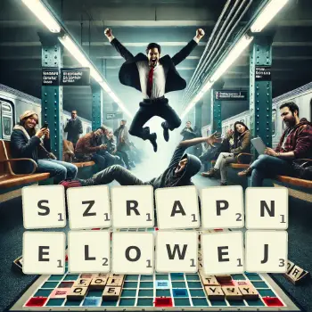 Kreatywna ilustracja do gry w Scrabble ze słowem SZRAPNELOWEJ ułożonym z płytek na planszy.