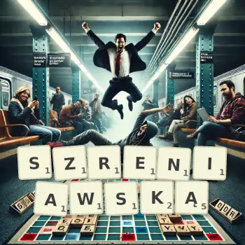 Kreatywna ilustracja do gry w Scrabble ze słowem SZRENIAWSKĄ ułożonym z płytek na planszy.