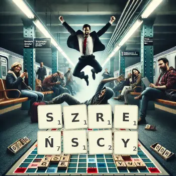 Kreatywna ilustracja do gry w Scrabble ze słowem SZREŃSCY ułożonym z płytek na planszy.
