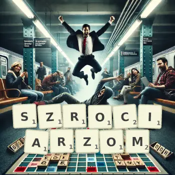 Kreatywna ilustracja do gry w Scrabble ze słowem SZROCIARZOM ułożonym z płytek na planszy.