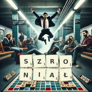 Kreatywna ilustracja do gry w Scrabble ze słowem SZRONIAŁ ułożonym z płytek na planszy.