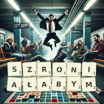 Kreatywna ilustracja do gry w Scrabble ze słowem SZRONIAŁABYM ułożonym z płytek na planszy.