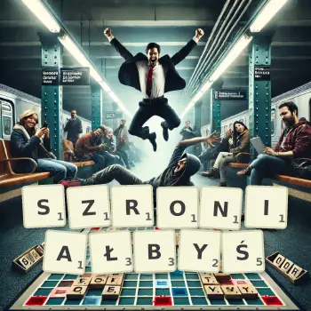 Kreatywna ilustracja do gry w Scrabble ze słowem SZRONIAŁBYŚ ułożonym z płytek na planszy.