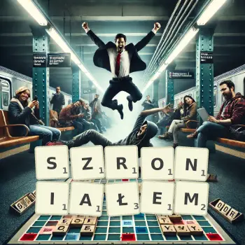 Kreatywna ilustracja do gry w Scrabble ze słowem SZRONIAŁEM ułożonym z płytek na planszy.