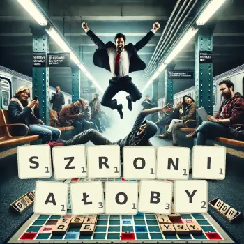 Kreatywna ilustracja do gry w Scrabble ze słowem SZRONIAŁOBY ułożonym z płytek na planszy.