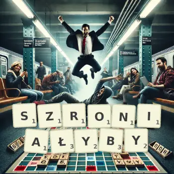 Kreatywna ilustracja do gry w Scrabble ze słowem SZRONIAŁYBY ułożonym z płytek na planszy.