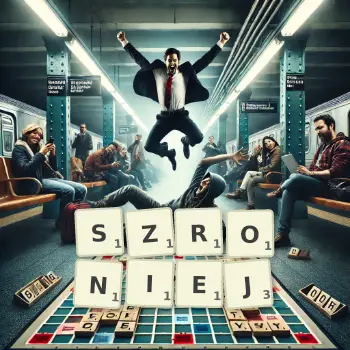 Kreatywna ilustracja do gry w Scrabble ze słowem SZRONIEJ ułożonym z płytek na planszy.