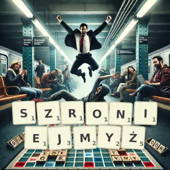 Kreatywna ilustracja do gry w Scrabble ze słowem SZRONIEJMYŻ ułożonym z płytek na planszy.