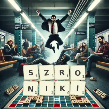 Kreatywna ilustracja do gry w Scrabble ze słowem SZRONIKI ułożonym z płytek na planszy.