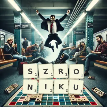 Kreatywna ilustracja do gry w Scrabble ze słowem SZRONIKU ułożonym z płytek na planszy.