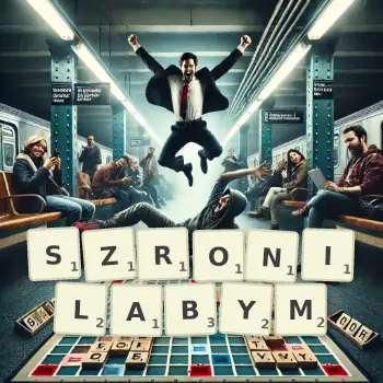 Kreatywna ilustracja do gry w Scrabble ze słowem SZRONILABYM ułożonym z płytek na planszy.