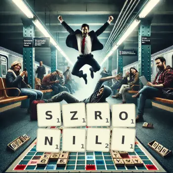 Kreatywna ilustracja do gry w Scrabble ze słowem SZRONILI ułożonym z płytek na planszy.