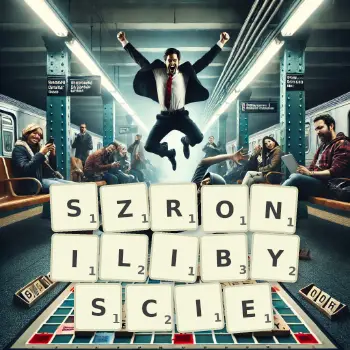 Kreatywna ilustracja do gry w Scrabble ze słowem SZRONILIBYSCIE ułożonym z płytek na planszy.