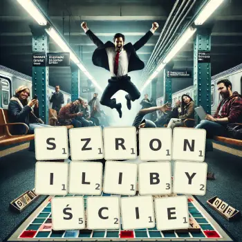 Kreatywna ilustracja do gry w Scrabble ze słowem SZRONILIBYŚCIE ułożonym z płytek na planszy.