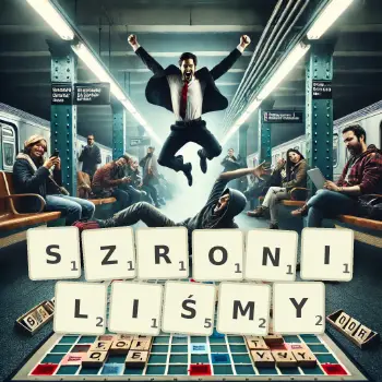 Kreatywna ilustracja do gry w Scrabble ze słowem SZRONILIŚMY ułożonym z płytek na planszy.