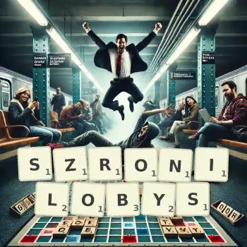 Kreatywna ilustracja do gry w Scrabble ze słowem SZRONILOBYS ułożonym z płytek na planszy.