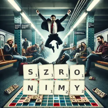 Kreatywna ilustracja do gry w Scrabble ze słowem SZRONIMY ułożonym z płytek na planszy.