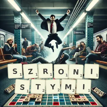 Kreatywna ilustracja do gry w Scrabble ze słowem SZRONISTYMI ułożonym z płytek na planszy.