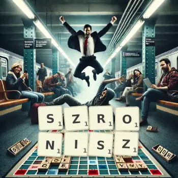 Kreatywna ilustracja do gry w Scrabble ze słowem SZRONISZ ułożonym z płytek na planszy.