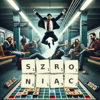 Kreatywna ilustracja do gry w Scrabble ze słowem SZRONIĄC ułożonym z płytek na planszy.