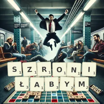Kreatywna ilustracja do gry w Scrabble ze słowem SZRONIŁABYM ułożonym z płytek na planszy.