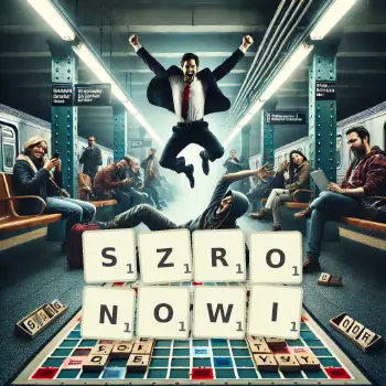 Kreatywna ilustracja do gry w Scrabble ze słowem SZRONOWI ułożonym z płytek na planszy.