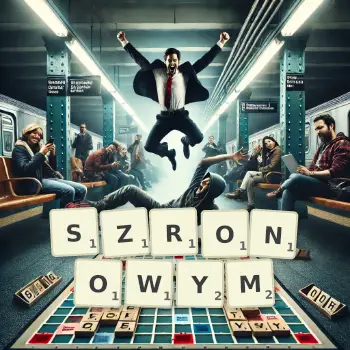 Kreatywna ilustracja do gry w Scrabble ze słowem SZRONOWYM ułożonym z płytek na planszy.